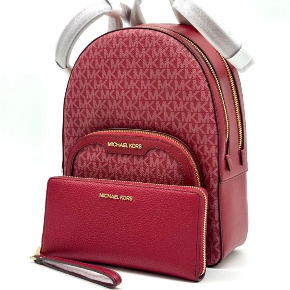 Michael Kors Jaycee Medium Logo Backpack & Matching Continental Wallet Cherry